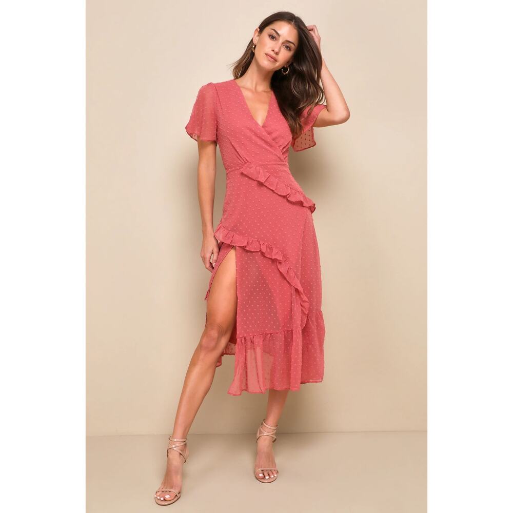 Lulus Next To You Rusty Rose Swiss Dot Ruffled Fairy Cottage Midi Slit Dress - Picture 11 of 11